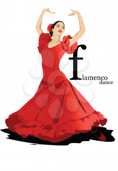 Beautiful young woman dancing flamenco isolated on white. Vector 3d illustration