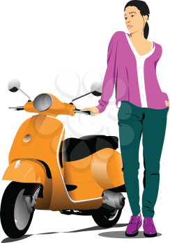 Orange city scooter and fashion girl. Vector 3d illustration