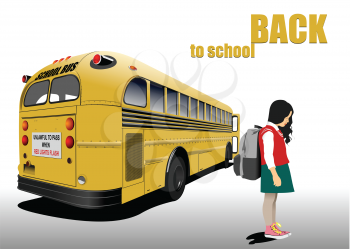  “Back to school” with buses an girl image. Vector 3d illustration
