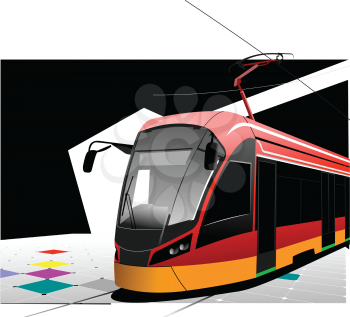 City transport. Tram. Colored Vector 3d illustration for designers