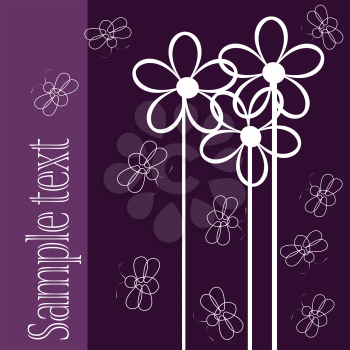 Royalty Free Clipart Image of a Purple Card With Three Tall Flowers, Insects and Space for Text on the Side