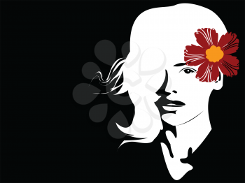 Royalty Free Clipart Image of a White Drawing of a Girl on a Black Background With a Coloured Flower in Her Hair