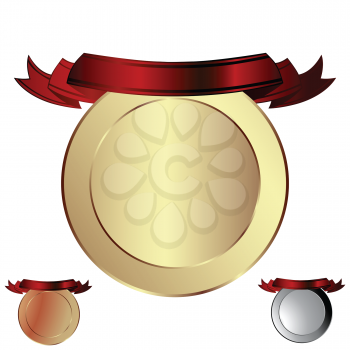 Royalty Free Clipart Image of Gold, Silver and Bronze Shields With a Banners