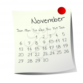Calendar for November 2011 on paper