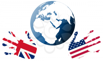 Earth globe with stylized flags of US and UK
