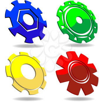 Gear icons in various colors over white background