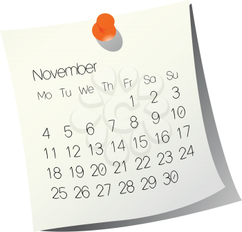 2013 November calendar on white paper