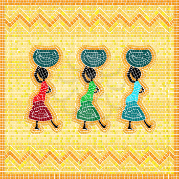 Mosaic of an african scene with women carrying food basket