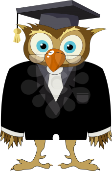 Cartoon drawing of a owl in a suit with graduate hat and glasses