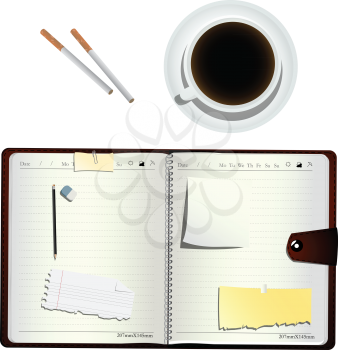 Coffee, cigarettes  and an open organizer, isolated and grouped objects over white