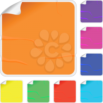 Empty color stickers with bended corners and glue marks, isolated objects over white background