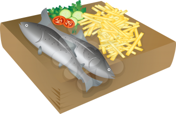 Fish and chips on a wooden plate, isolated objects over white background