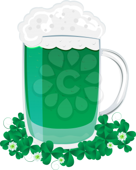 Green beer mug and clover leaves for the feast of St. Patrick