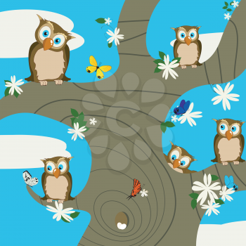 A springtime background with cute owls and butterflies