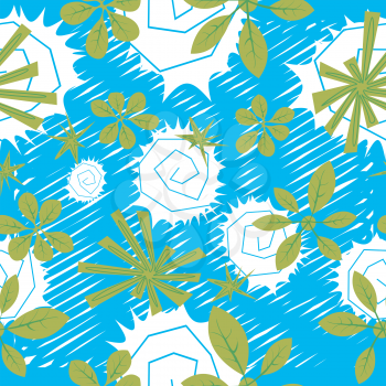 Seamless pattern with flowers and leaves. Childlike drawing.