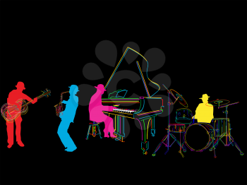 Jazz band sketch, isolated and grouped over black