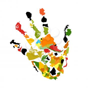 Hand print abstract background made of colored country and continent maps