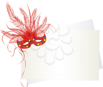 Mardi Gras mask and card on white background