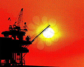 Abstract background with oil platform silhouette over a halftone sunset