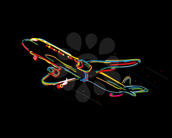 Funky airplane drawing against black background