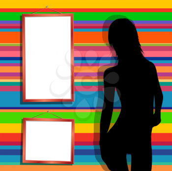 Silhouette of a dancing girl and two empty frames over a colored stripes background