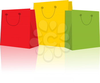 Three smiling shopping bags in red, green and yellow against white