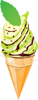 Ice cream cone with mint and chocolate flavor over white
