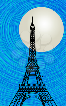 Romantic background with stylized Eiffel tower silhouette in the moonlight