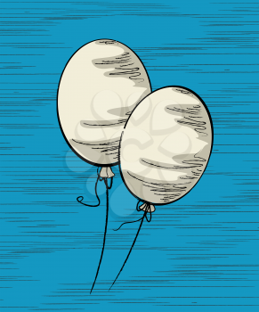 Two party balloons flying in the sky. Hand drawn sketch.
