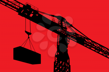 Detailed silhouette of a crane working over red background