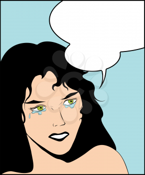 Illustration of a crying woman in a pop art/comic style and speech bubble