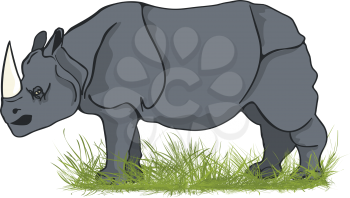 Large rhinoceros bull in the grass, cartoon art
