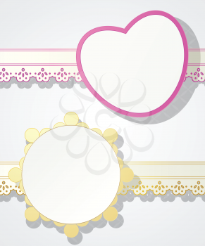 Two decorative empty labels in shapes of heart and sun and assorted paper ribbon.