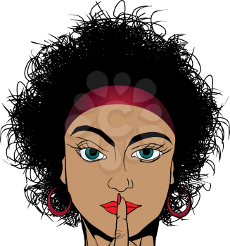 Retro drawing of a curly hair girl asking for silence