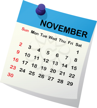 2014 paper sheet calendar for November.