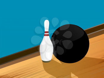Illustration of a bowling ball and pin on the alley