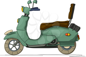 Cartoon style drawing of a retro scooter, isolated object on white background