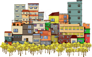 Cartoon drawing of a city with trees and houses
