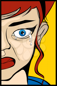 Comic style drawign of a woman' eye crying