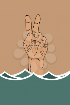 Ironic victory sign of a drowning hand