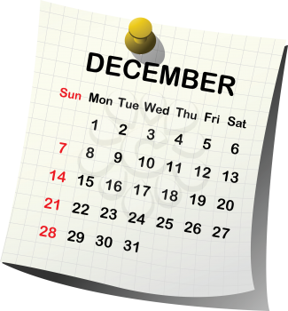 2014 paper calendar for December over white background