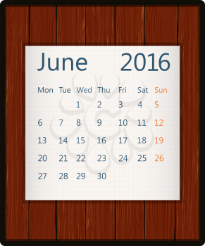 June 2016 paper calendar on wood