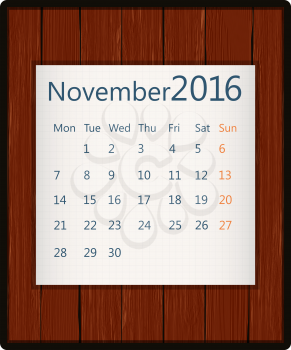 November 2016 paper calendar on wood