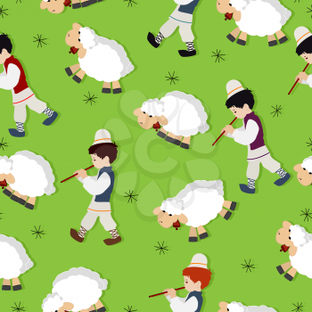 Shepherd and flock on the green, seamless pattern
