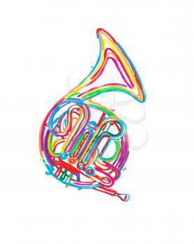 Watercolorstyle drawing of a  french horn in color over white