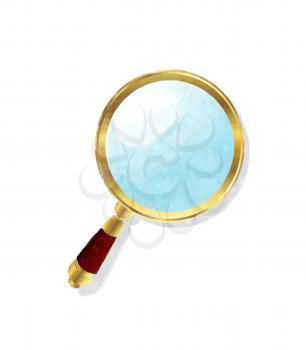 Watercolor golden magnifying glass over white background