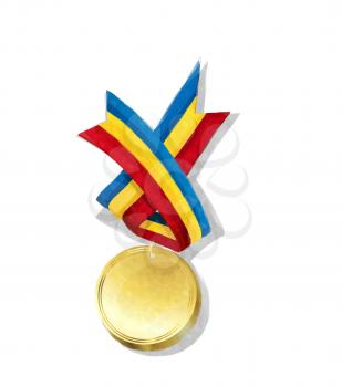 Watercolor Romanian gold medal and shadow over white background