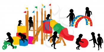 Children silhouettes at the playground, vector illustration