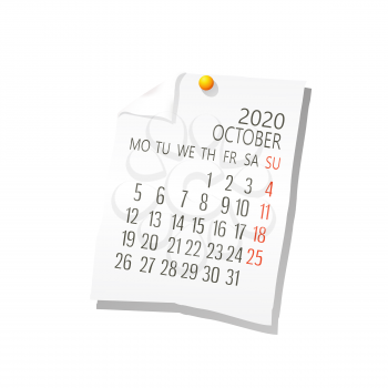 Vector calendar for October ,2020 on white paper  with holding pin over white background