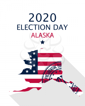 2020 United States of America Presidential Election Alaska vector template.  USA flag, vote stamp and Alaska silhouette